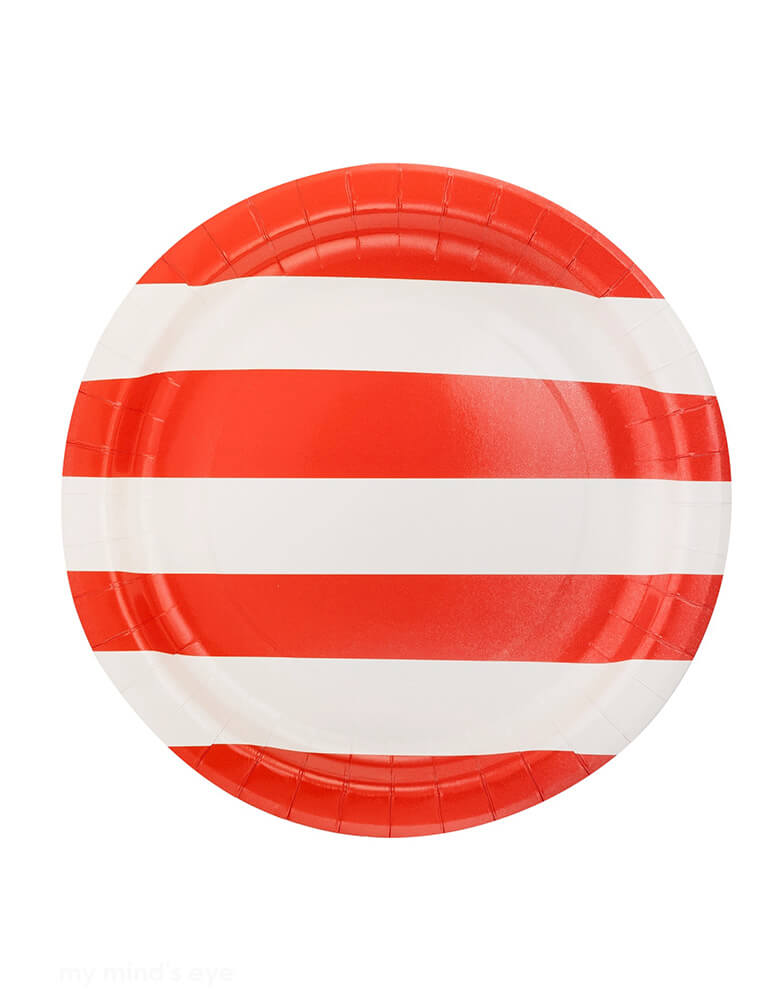 Momo Party's 10" red striped round plates by Momo Party. With a bold design, these plates pair nicely with our star plates for an all-American celebration. Show off your love for Lady Liberty with a touch of whimsy - it's the perfect combination of patriotic and playful.