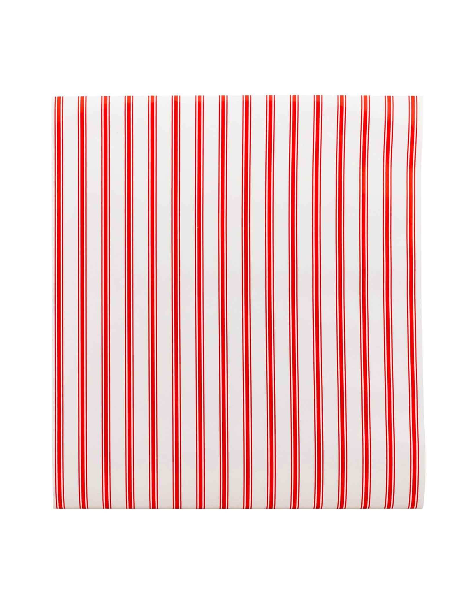 Momo Party's 16" x 120" Red and white striped paper table runner by My Minds' Eye on a white background.
