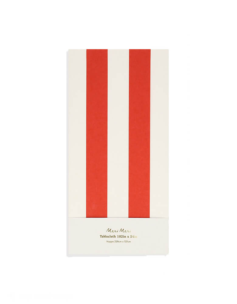 Momo Party's 102" x 54" red striped tablecloth by Meri Meri. Comes with a modern and simple design, this tablecloth is perfect for any celebratory occasion, be it a kid's fire truck themed birthday or a holiday gathering. 