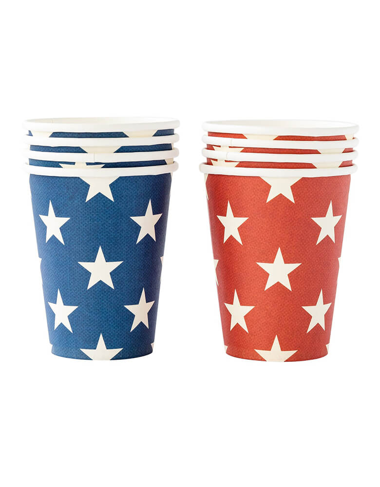 Momo Party's HAM915 - RED AND BLUE STAR PAPER CUPS by My Mind's Eye.  Designed with a festive star pattern on a blue and red background, these party cups will add the perfect touch of the amount of patriotic flair to your summertime cookouts!