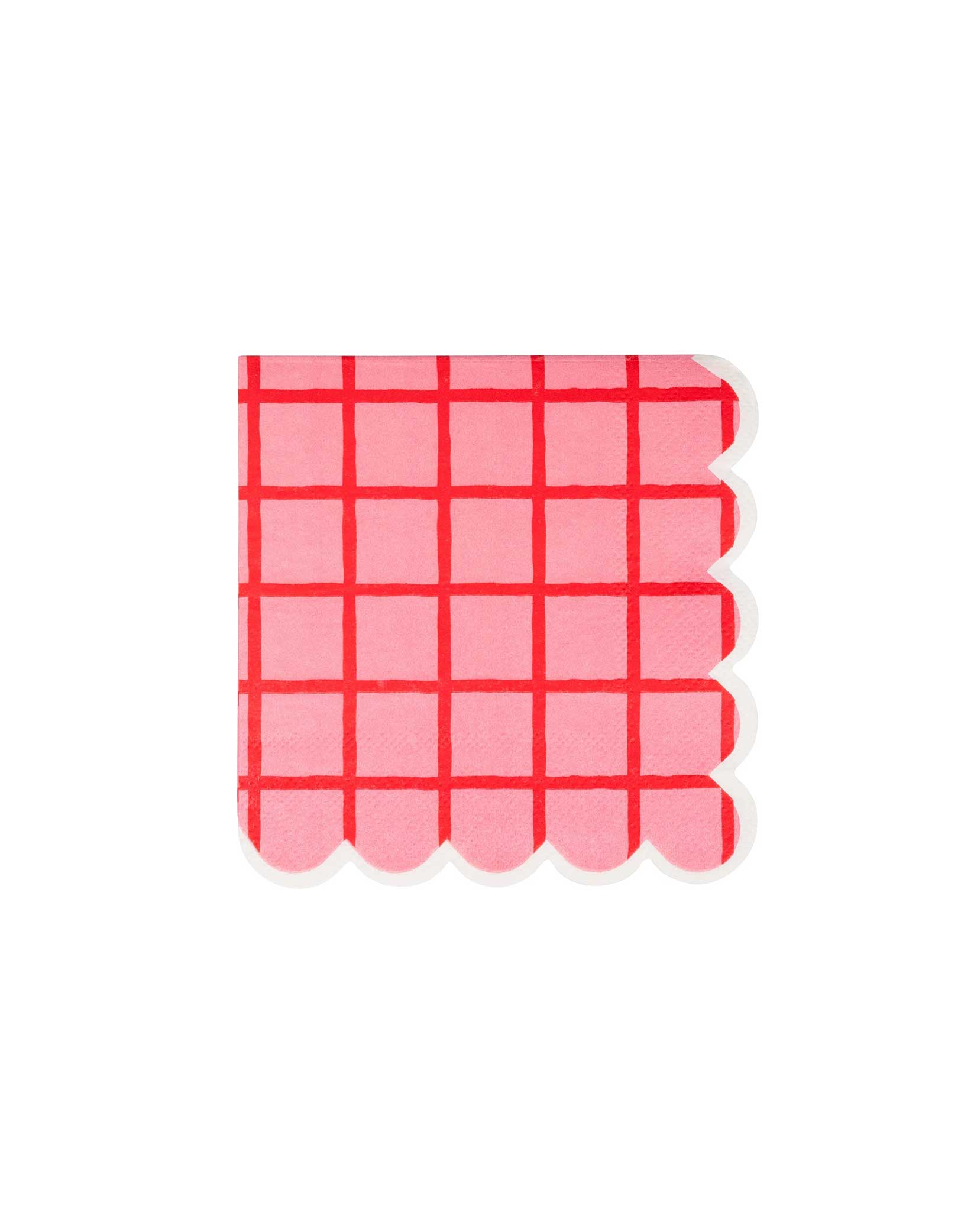 Momo Party's 5" x 5" Red and Pink Grid Small Napkins by My Mind's Eye on a white background. Featuring a bold grid pattern in lively red and pink tones, this napkin brings a playful, festive vibe to any party setting. Perfect for adding color and charm to your table, it combines practical use with cheerful style to complement your event decor effortlessly.