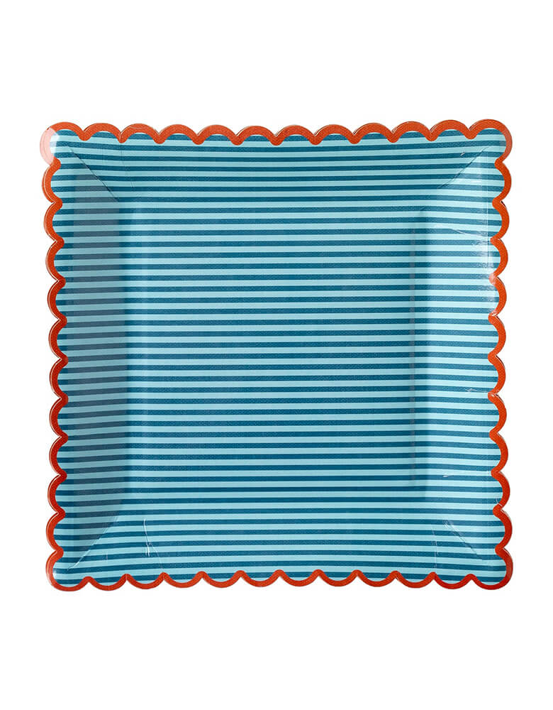 Momo Party's - OCCASIONS BY SHAKIRA - RED WITH BLUE STRIPE PLATE by My Mind's Eye. With a blue on blue stripe accented by a red scalloped edge these dinner size plates are the perfect addition to Memorial Day picnics, Fourth of July cookouts or even a nautical themed birthday party!
