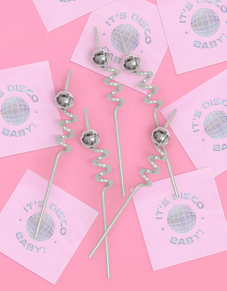 Momo Party's 10" Reusable Disco Party Swirly Straws by Xo, fetti, with It's Disco Baby pink napkins around them.