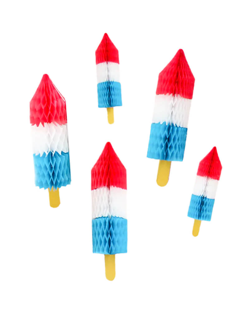 Rocket Popsicle Honeycomb Decorations by Kailo Chic. Set of 5. Each pack comes with multiple 3D popsicles featuring patriotic colors and a unique honeycomb design, perfect for adding a blast of festive fun to your Independence Day festivitiesMorden and high quality party supplies, party online store, party boutique online store, party supplies at momoparty.com