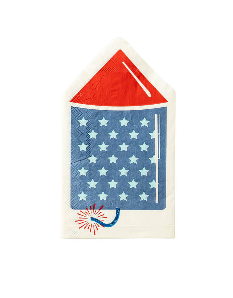 Momo Party's SSP931 - OCCASIONS BY SHAKIRA - ROCKET SHAPED DINNER NAPKIN by My Mind's Eye. Designed to look like a festive firework, this red, white and blue die cut napkin is sure to put stars in your loved ones eyes at your backyard summer time celebrations.