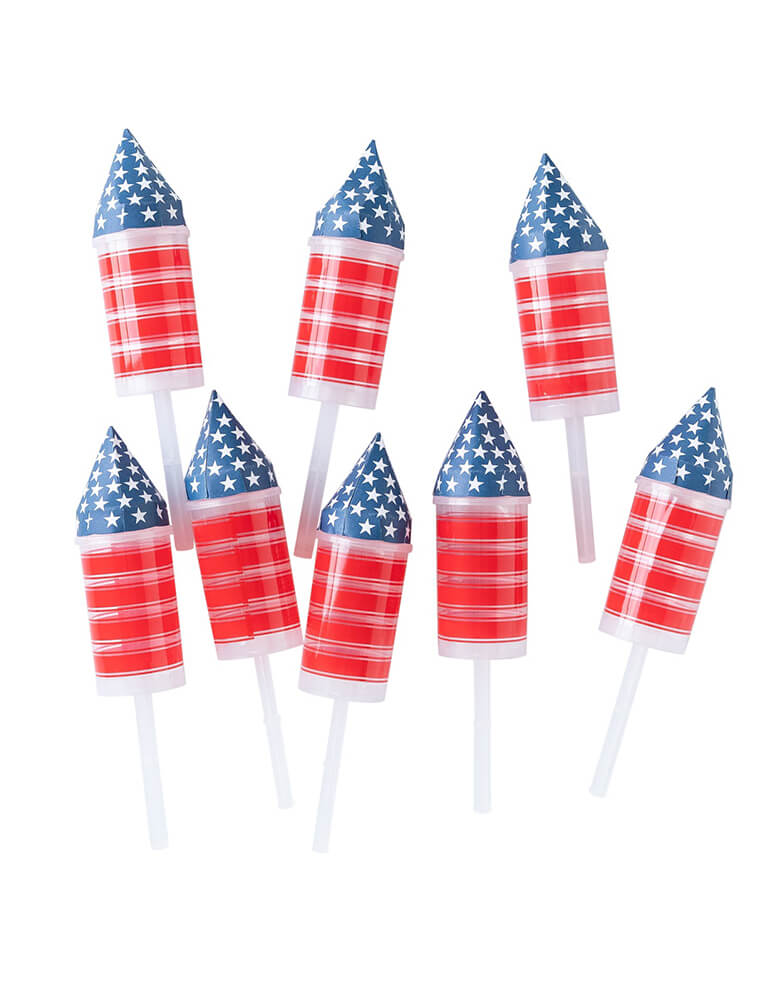 Momo Party's PLFB86 - ROCKET TREAT POPPERS by My Mind's Eye. Set of 8, This set of refillable poppers is both fun and festive, shaped like a firework with stars and stripes this popper will make every event special