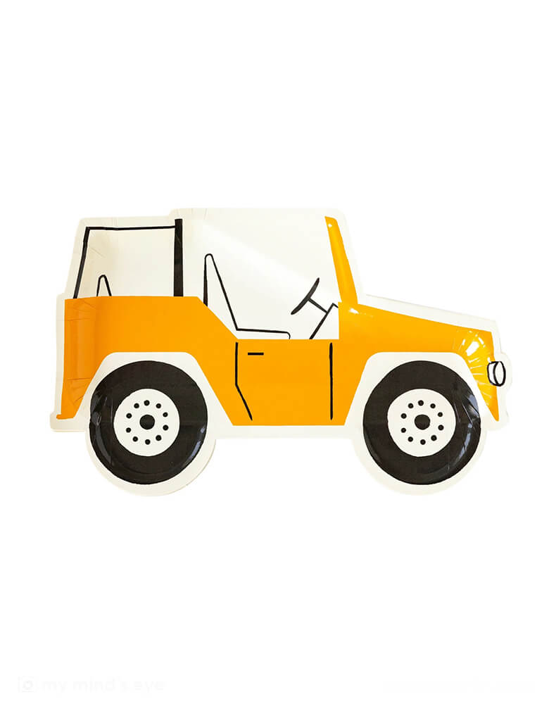 Momo Party's 12" x 7.5" Safari Jeep Shaped Paper Plates. These mustard Jeep shaped plates are perfect for safari themed baby showers, or explorer themed birthday parties, these party plates are sure to have your guests exclaiming "Beep! Beep!" on the way to the treat table.