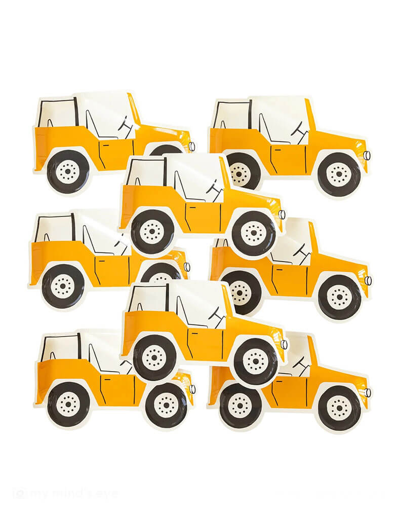 Momo Party's 12" x 7.5" Safari Jeep Shaped Paper Plates. Come in a set of 8 plates, these mustard die-cut Jeep shaped plates are perfect for safari themed baby showers, or explorer themed birthday parties, these party plates are sure to have your guests exclaiming "Beep! Beep!" on the way to the treat table.