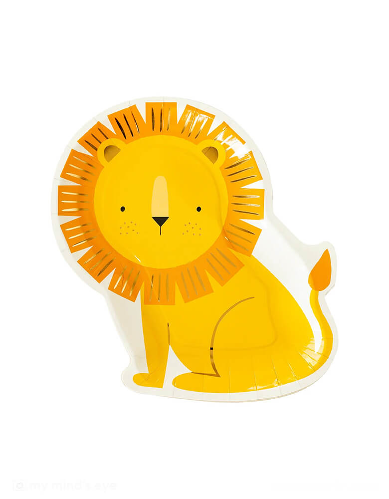 Momo Party's 9" x 11" die-cut lion shaped paper plate by My Mind's Eye. Featuring a golden mane accented with shimmery gold foil, this lion party plate is the perfect addition to a safari themed tablescape at your little explorer's birthday celebration.