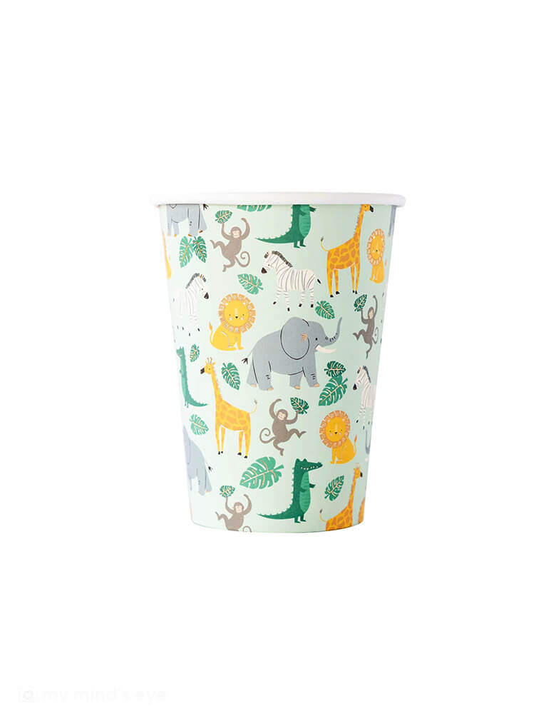 Momo Party's 12 oz safari adventure party cups by My Mind's Eye. Featuring whimsical jungle animals including giraffes, elephants, monkeys, alligators and lions, with shimmery gold accents, these paper cups are the perfect addition to a safari or jungle themed birthday party.
