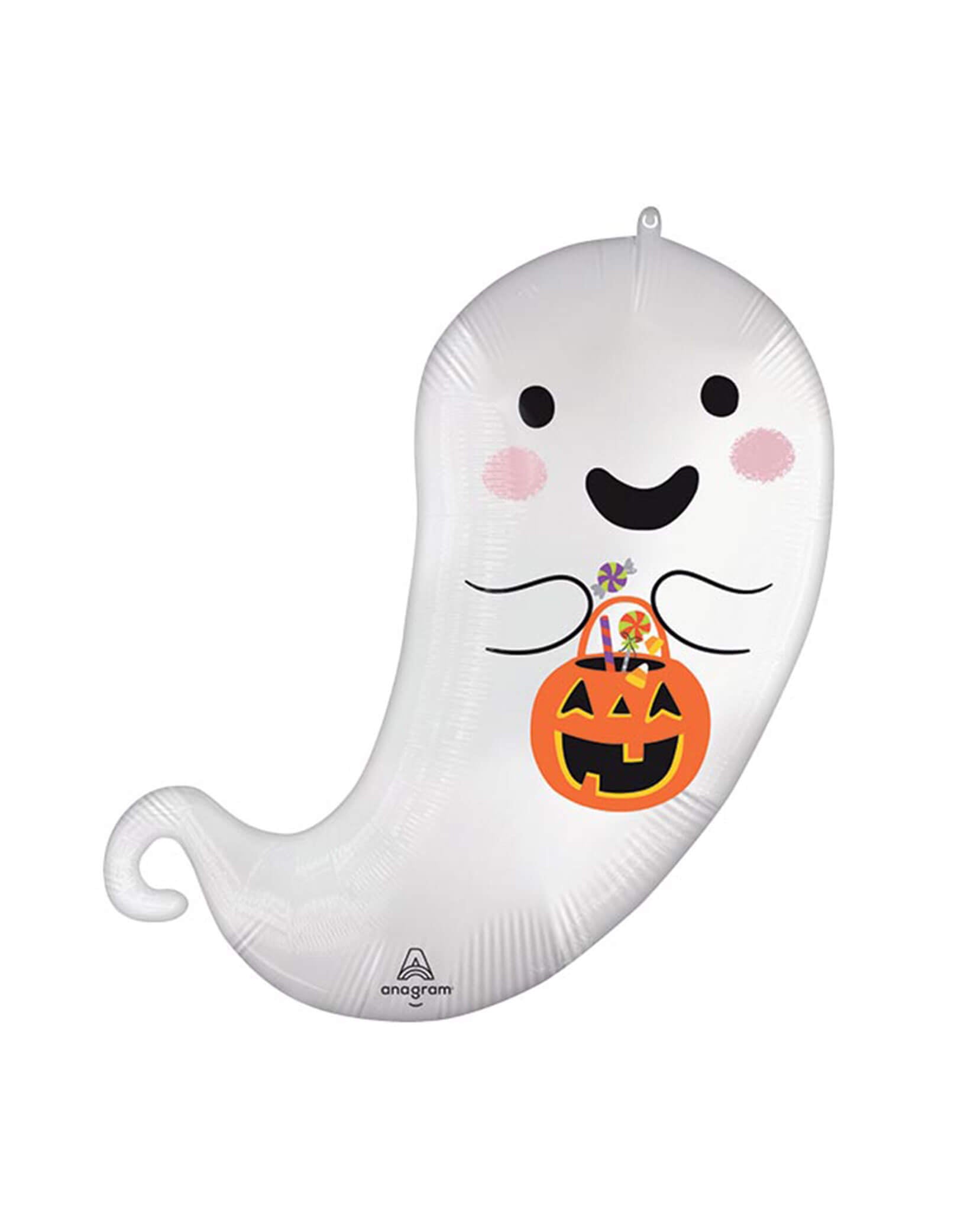 Momo Party's 27" Satin Trick or Treat Ghost Shaped Foil Mylar Balloon by Anagram Balloons. Featuring a cute ghost design with a jack-o'-lantern, it’s perfect for adding a playful touch to your spooky festivities. Lightweight and easy to inflate, this balloon brings fun and charm to any trick-or-treat setup or Halloween party décor!