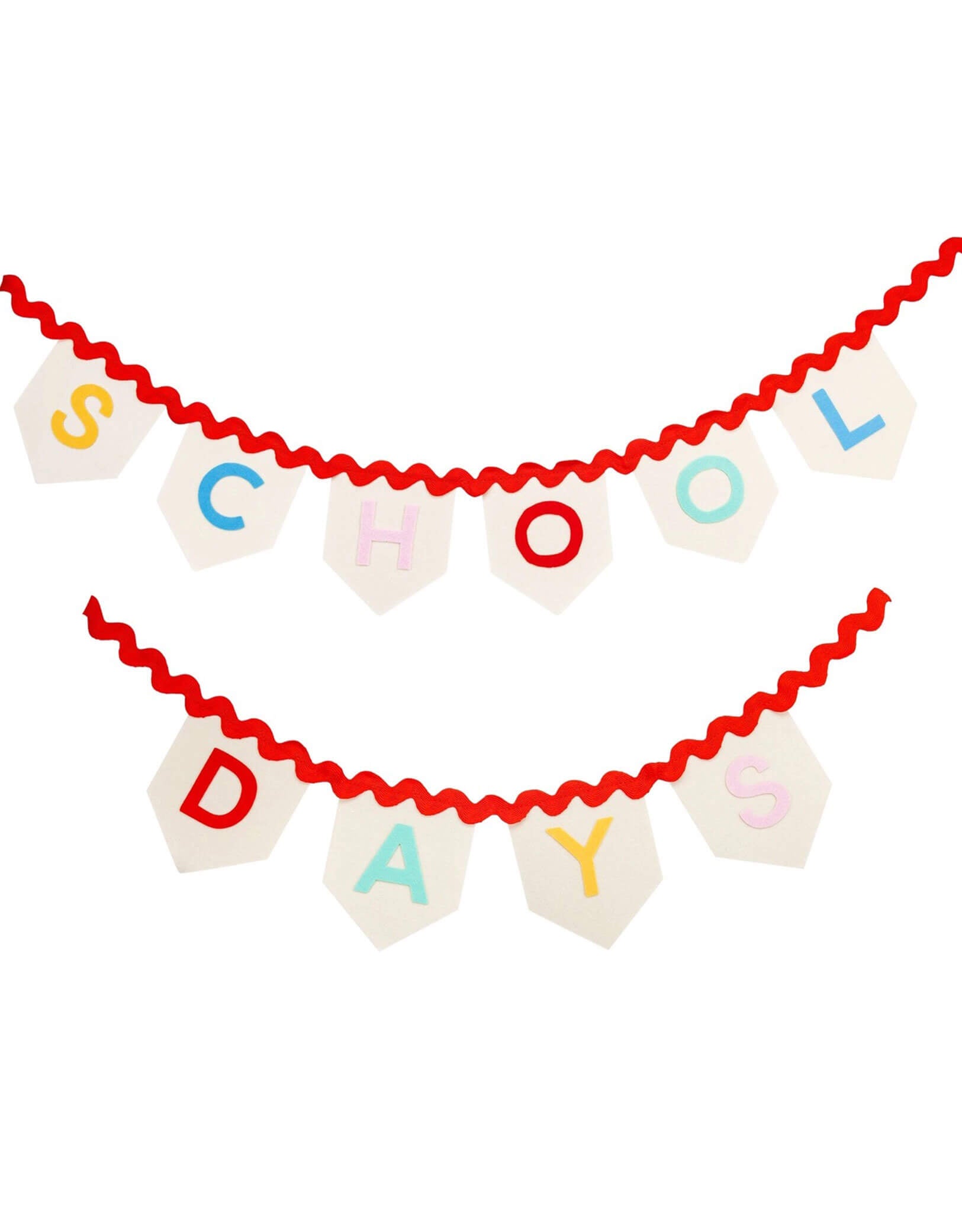 Momo Party's 6ft School Days Felt Banner by My Mind's Eye. Made of high-quality felt material, this banner is perfect for creating a festive atmosphere for your back to school party or first day of school celebration. Hang it up to celebrate the start of a new school year or as a backdrop for your school-themed event.