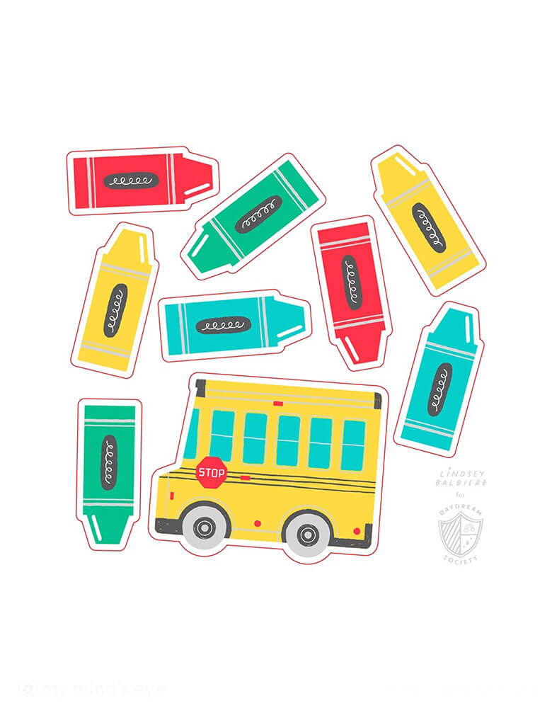 Momo Party's School Day Sticker Set by Daydream Society featuring school bus shaped and crayon shaped stickers in bright colors. This sticker set is perfect to get your little one excited for the first day of school!! Use to decorate notebooks, classroom favors or teacher gifts. Plus they're perfect for decorating presents or used as party favors.