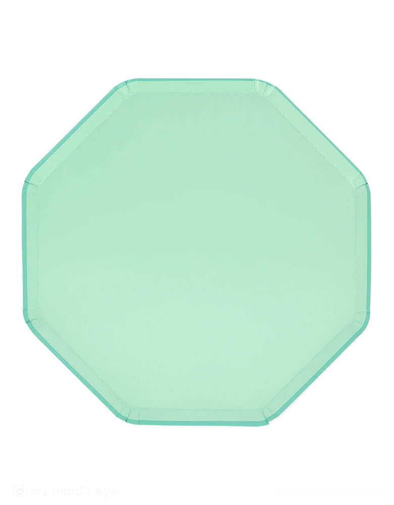 Momo Party's 10.25" x 10.25" sea foam green dinner plates by Meri Meri. The color is on both the front and back for an elegant effect, and the eye-catching octagonal shape really ups the wow-factor. They're ideal for any celebration where you want an oceanic vibe, like a mermaid party or under the sea party.