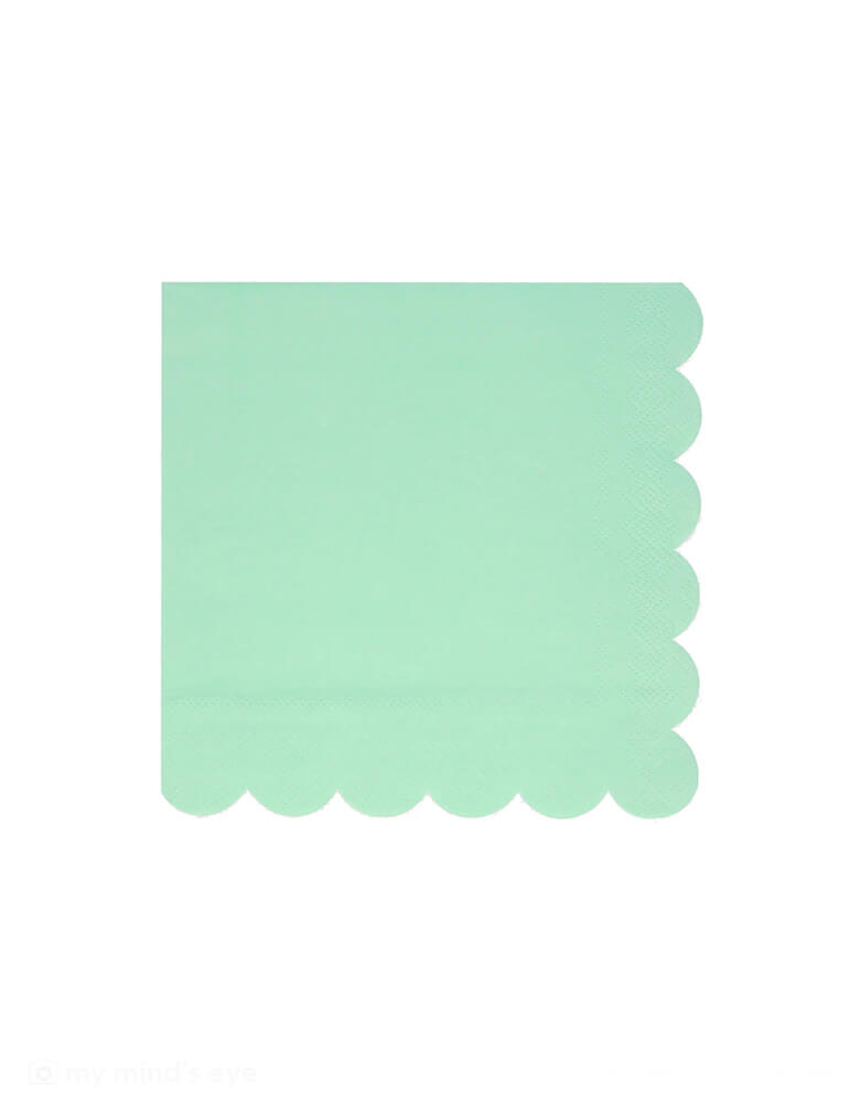 Momo Party's 6.5" x 6.5" Sea Foam Green Large Napkins by Meri Meri. Comes in a set of 16 paper napkins, with a stylish scalloped edge,  these beautifully crafted napkins are ideal for any celebration where you want an oceanic vibe, like a mermaid party or under the sea party.