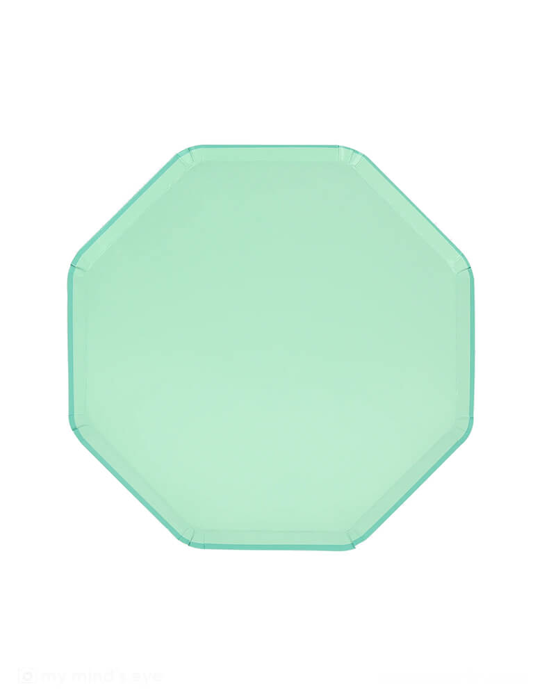 Momo Party's 8.25" x 8.25" Sea Foam Green Side Plates by Meri Meri. The color is on both the front and back for an elegant effect, and the eye-catching octagonal shape really ups the wow-factor. They're ideal for any celebration where you want an oceanic vibe, like a mermaid party or under the sea party. The plates are part of our stylish new take on mix and match tableware.