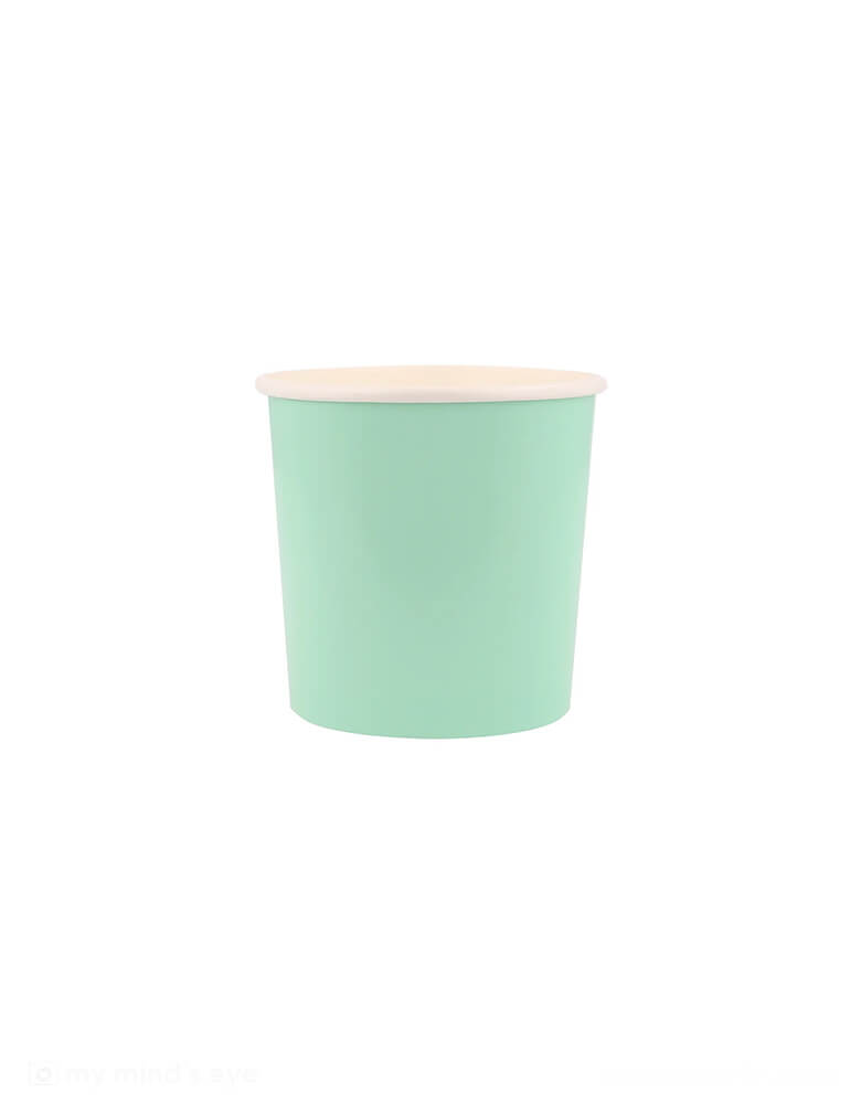 Momo Party's 9oz sea foam green tumbler cups by Meri Meri. Comes in a set of 8 paper cups, they're ideal for any celebration where you want an oceanic vibe, like a mermaid party or under the sea party. The cups are part of our stylish new take on mix and match tableware.