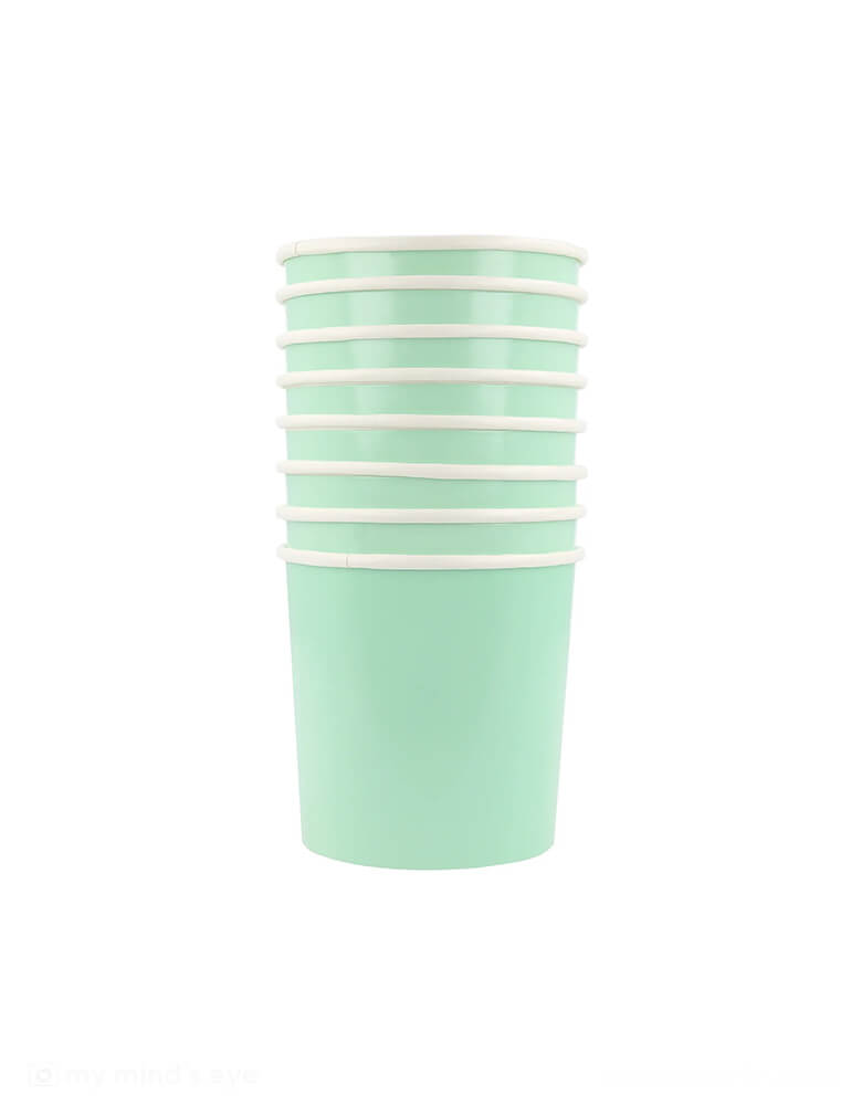 Momo Party's 9oz sea foam green tumbler cups by Meri Meri. Comes in a set of 8 paper cups, they're ideal for any celebration where you want an oceanic vibe, like a mermaid party or under the sea party.