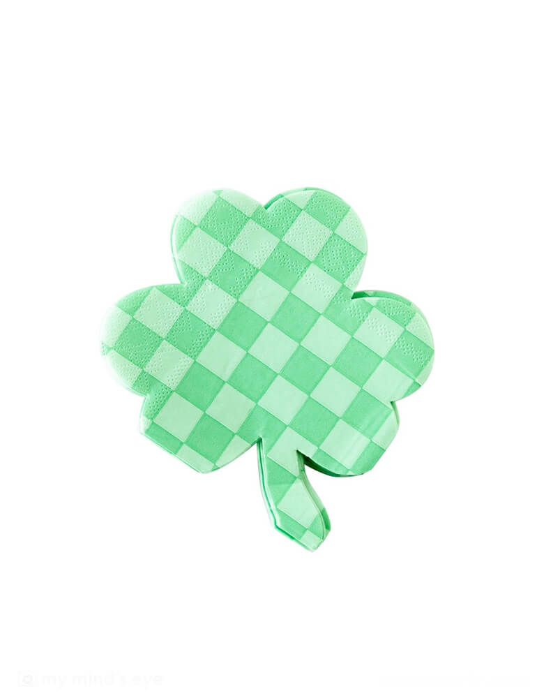 Momo Party's 5" x 5" Checkered Shamrock Paper Napkins by My Mind's Eye. In a shape of shamrock with green checkered pattern on it,  liven up your next St. Paddy's Day celebration with these eye-catching Checkered Shamrock Paper Napkins. Add some pizzazz to your party with a checkered, festive shamrock pattern - a fun and unique way to get into the holiday spirit!