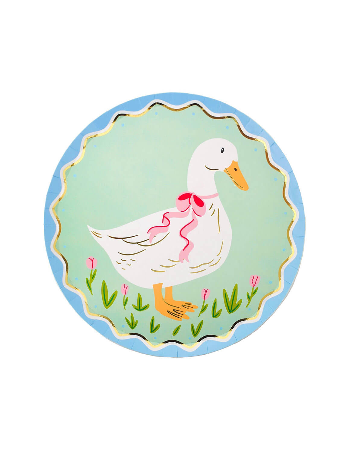 Momo Party's 8" goose paper plate with a goose illustration with tulip illustrations in mint and blue by Daydream Society on a white background.