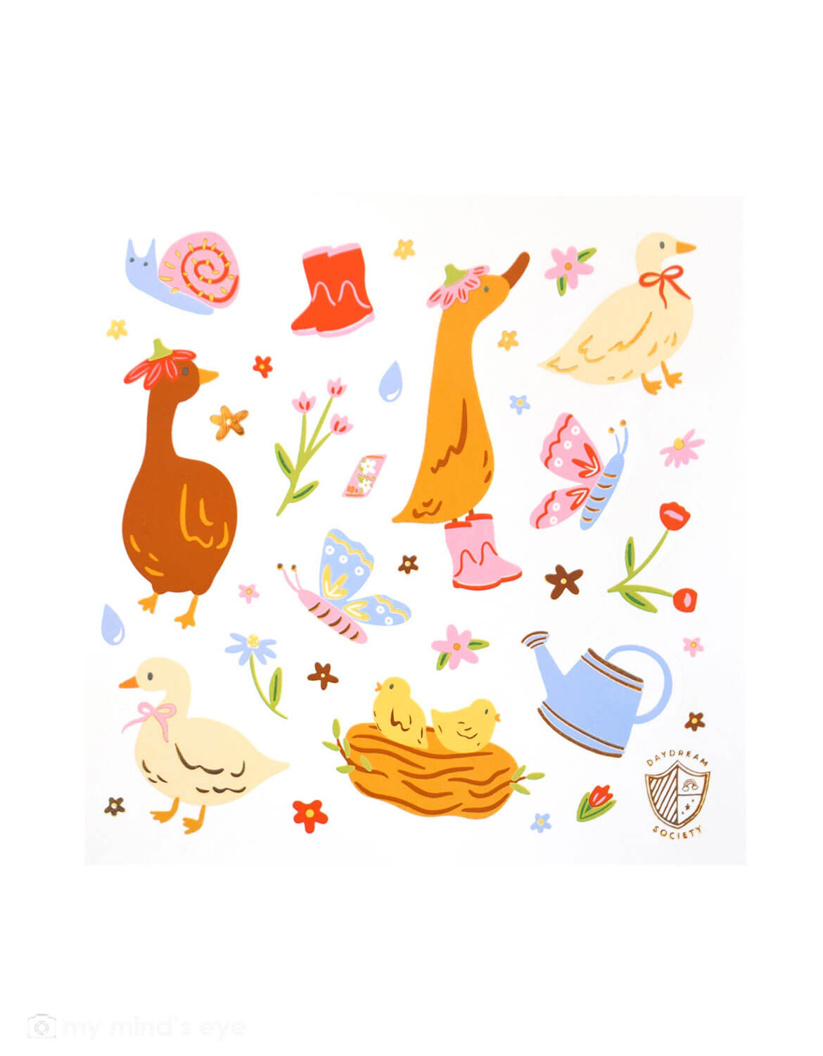 Momo Party's goose sticker sheet with illustrations of goose, chicks, flowers, rustic animals and insects  a white background.