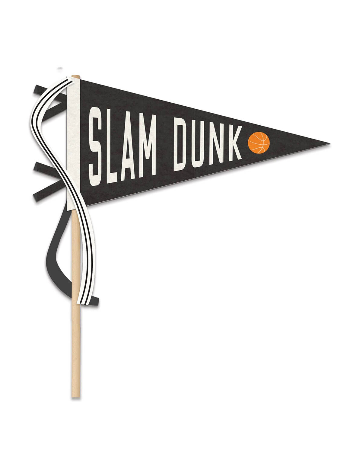 Momo Party's black party pennant flag with 'SLAM DUNK' text and a basketball graphic by My Mind's Eye on a white background.