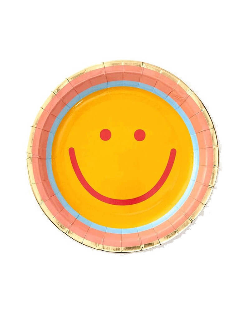 Momo Party's 7" Yay Happy Smiley small plates by Paper Source. Featuring groovy good vibes with a bright smiley face, you'll be feeling the happy vibes with every meal. Spread the good times and dig into dinner with a smile!