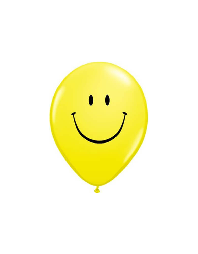 Momo Party's 11" Smile Face yellow latex balloon by Qualatex Balloons. A cheerful balloon to add to your happy celebrations, perfect for kid's Two Groovy second birthday party or One Happy Dude first birthday party for boys.