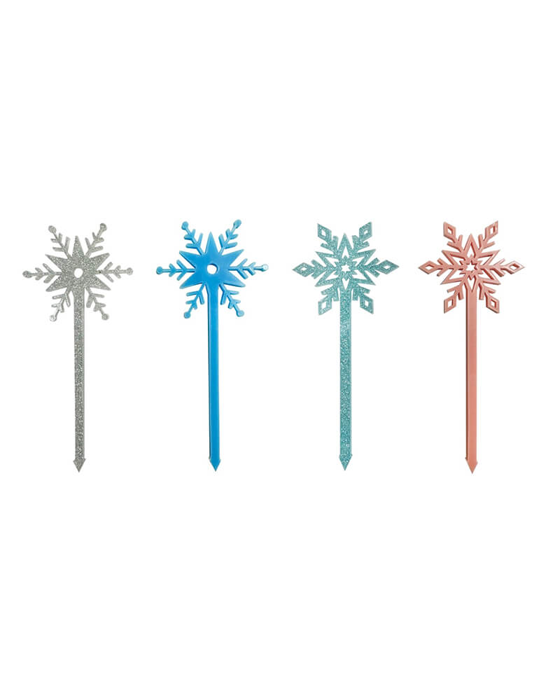 Momo Party's 4" Snow Day Snowflake Acrylic Picks by Merrilulu. Comes in a set of 4 picks, these reusable snowflake acrylic picks in four different beautiful colors of glittered silver, blue, glittered teal, and light pink will make your winter celebration extra frosty and fun. Use them for cupcake toppers, cake toppers or dessert snack picks, they're perfect for a kid's Frozen themed birthday party too!