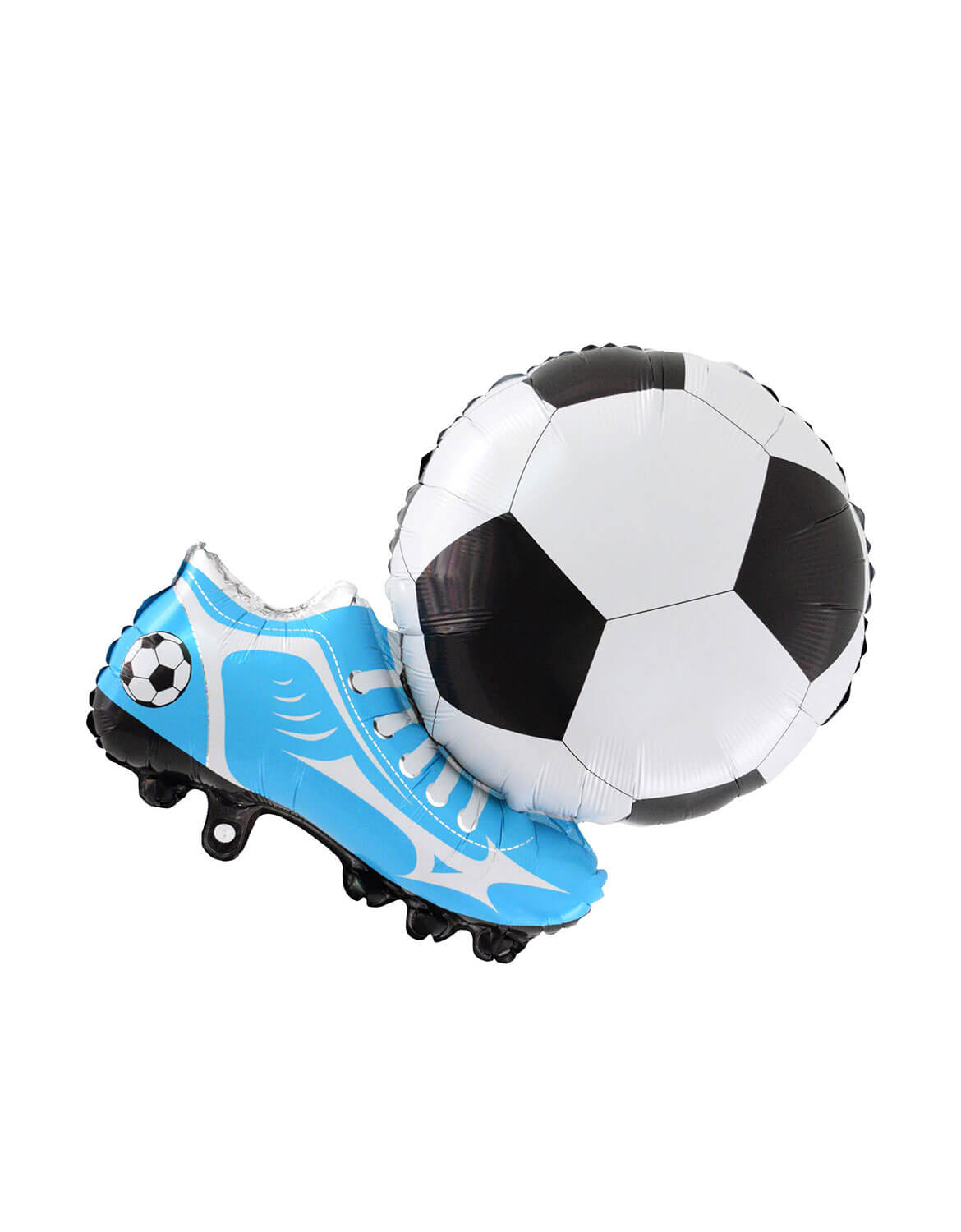 Momo Party's 29" Blue soccer cleat and black and white soccer ball on a white background.