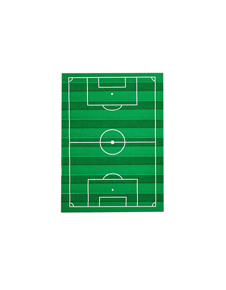 Momo Party's 5" x 6.5" soccer field napkins by Hooty Balloo. Comes in a set of 16 napkins, these unique soccer field shaped napkins are perfect for soccer lovers. They are great for a soccer themed birthday or a watching party.  