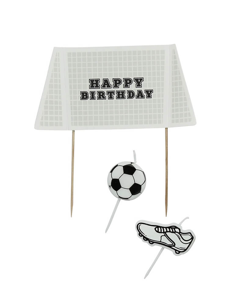 Momo Party's Goal Cake Topper & Candle Set by Hooty Balloo. Pack of includes one cake topper and two candles in soccer ball shape and soccer shoe shape. This champion addition will kick your party up a notch with its playful soccer design and candle feature. Perfect for any soccer fan, this set is a must-have for any goal-oriented gathering.