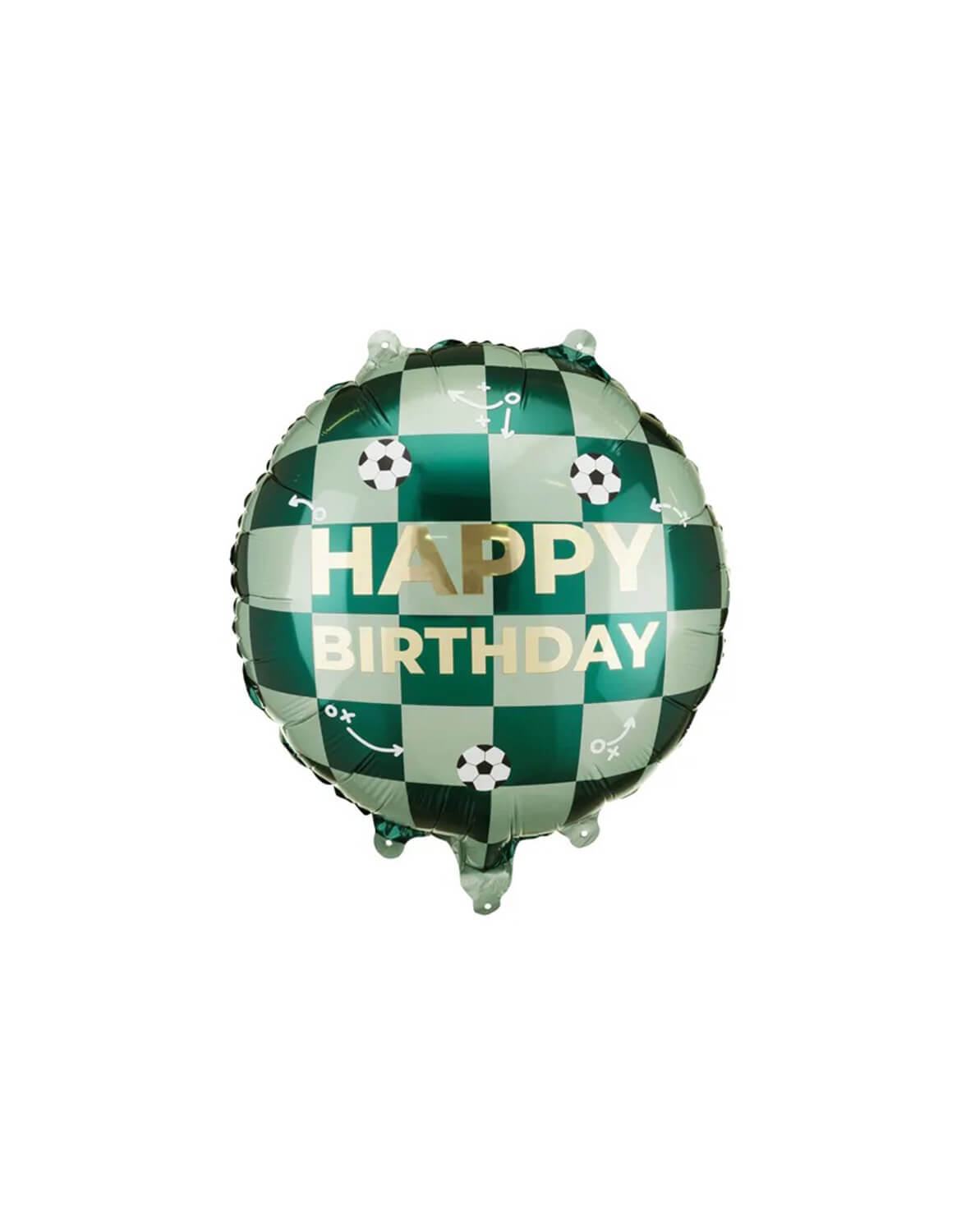 Momo Party's 14" green checkered soccer party balloon with 'Happy Birthday' text by Party Deco on a white background.