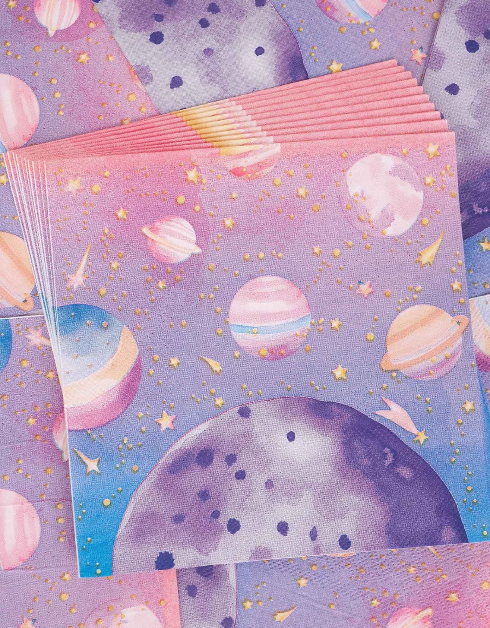A set of Momo Party's 6.5" pink and lilac space-themed paper napkins with planets and stars.