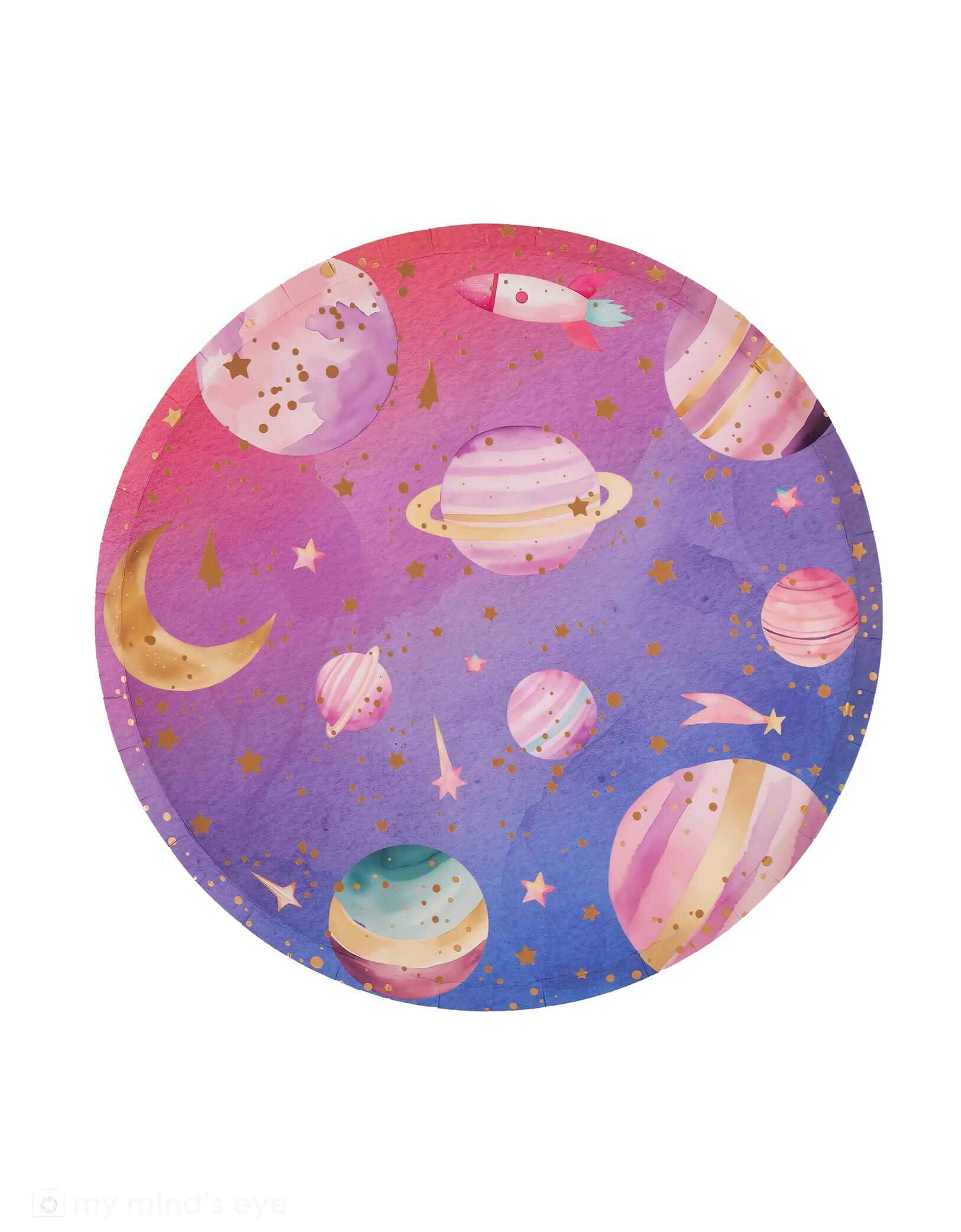 Momo Party's 10" round lilac and pink ombre plate with space-themed design featuring planets and stars on a white background.