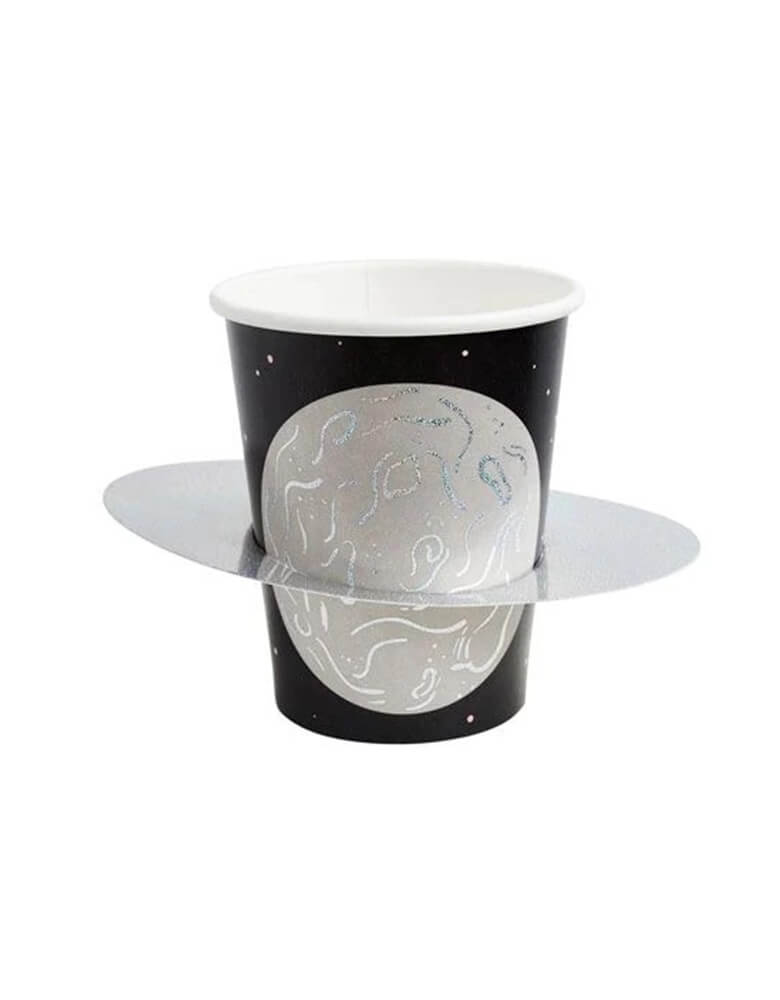 Momo Party's 9oz Planet Paper Cups by Hooty Balloo. In the classic onyx black color with silver foil planet with a disk to create a 3D effect, these awesome party cups are perfect for kid's space themed birthday party, be it a "Two the Moon" second birthday party or "First Trip around the Sun" first birthday party.