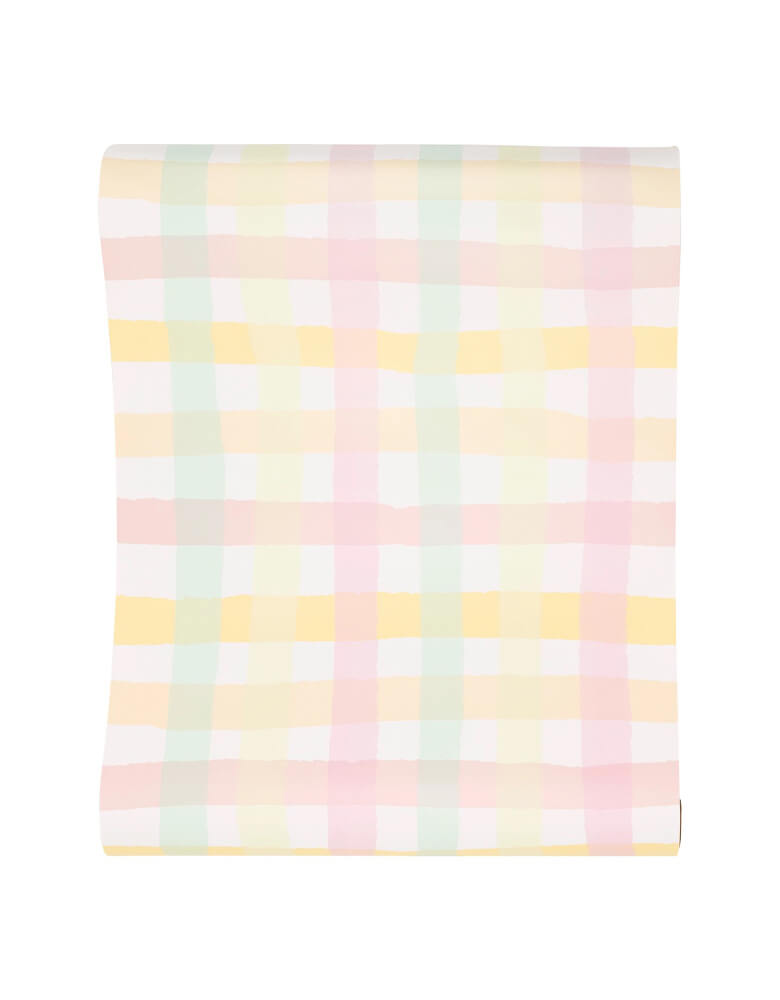 Momo Party's 16 x 120 inches Spring Checks Paper Table Runner by My Mind's Eye. Featuring an elegant gingham design in pastel colors, this runner is the perfect accent for your table top for your upcoming event. Perfect for a spring inspired gathering or an Easter celebration.