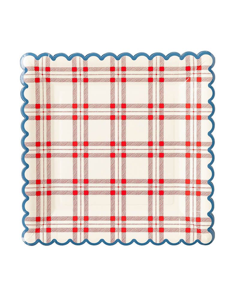 Momo Party's PLTS366M-MME - SQUARE PLAID SCALLOP PAPER PLATE by My Mind's Eye. A timeless combination of plaid blue, red, and white exudes a 4th of July vibe and is sure to elevate any occasion