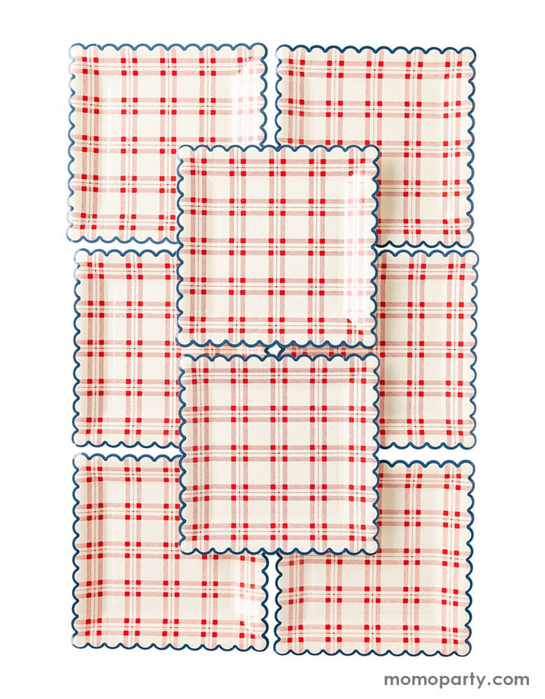 Momo Party's 9" SQUARE PLAID SCALLOP PAPER PLATES by My Mind's Eye. Comes in a set of 8 plates, these plates are timeless combination of plaid blue, red, and white exudes a 4th of July vibe and is sure to elevate any occasion.