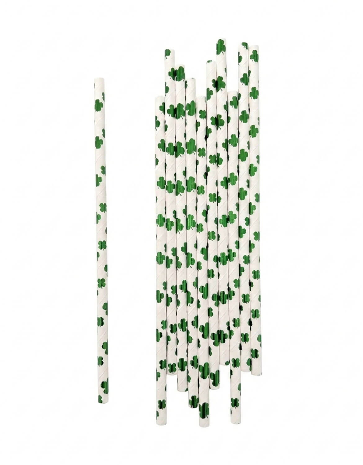 Momo Party's set of paper straws with St. Patrick's Day foil green shamrock/clover pattern on a white background.