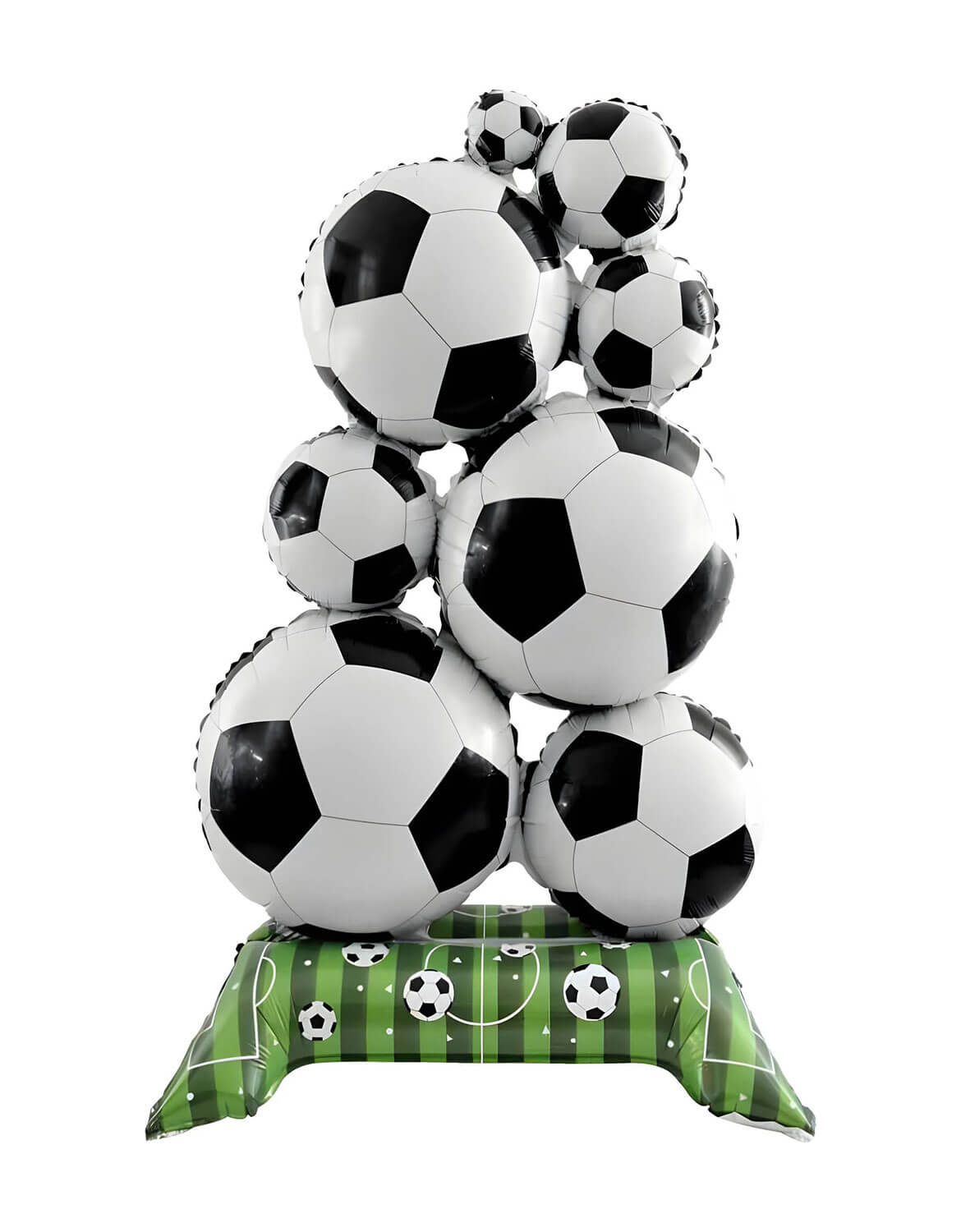 Momo Party's 59" Giant Stacked Soccer Standing Foil Balloon on a white background.