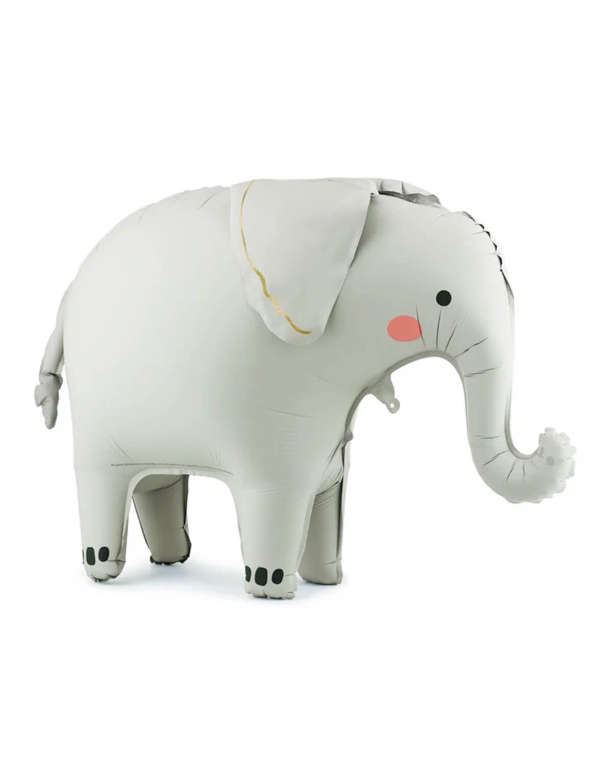 Momo Party's light gray inflatable elephant standing foil balloon with black feet, a pink nose, and a gold accent line on its ear, shown against a plain white background.