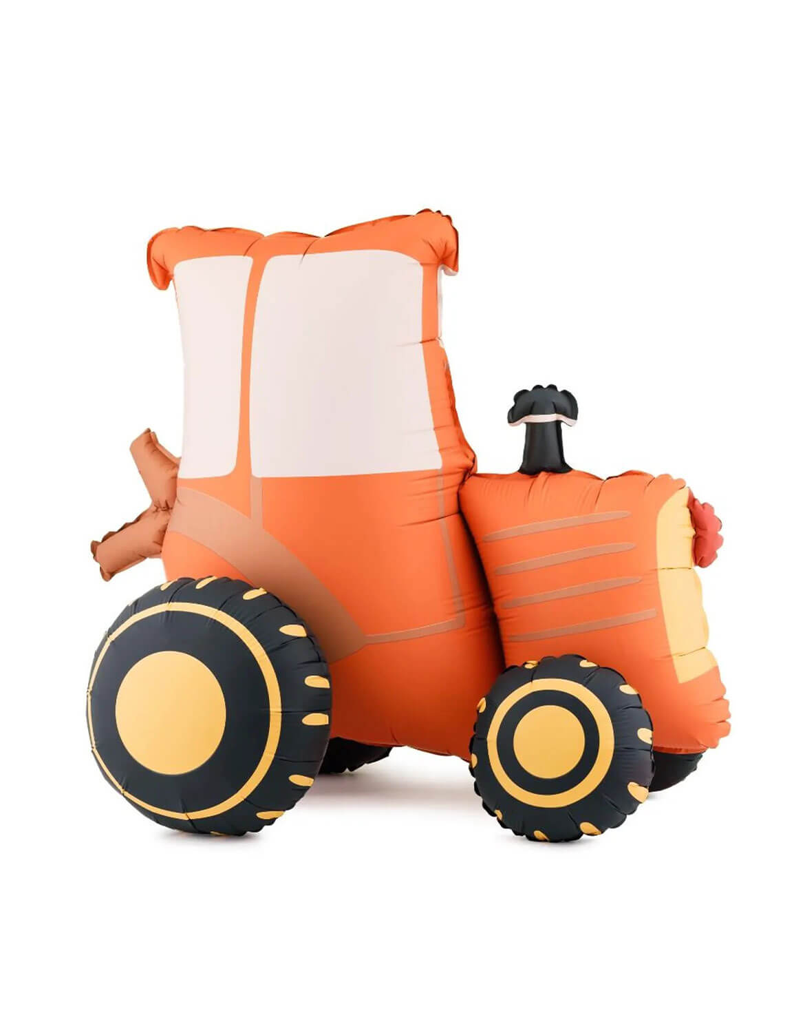 Momo Party's inflated tractor shaped party balloon in orange, white, and black, shown on a solid white background.