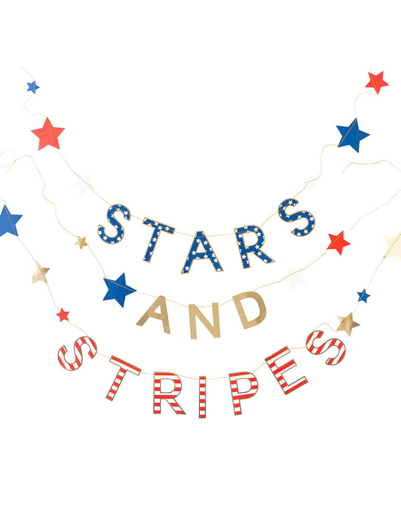 Momo Party's SSP906 - STARS AND STRIPES BANNER by My Mind's Eye. This sewn banner comes in three pieces with die cut stars and patriotic stars and stripe patterns on the die cut letters.