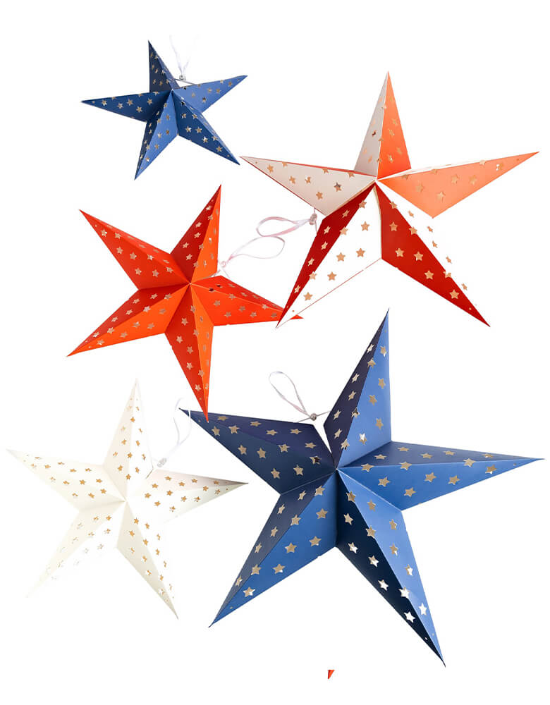 Momo Party's SSP904 - STARS AND STRIPES DECORATIVE HANGING STARS by My Mind's Eye. Included in this set are 5 dimensional stars with small star die cuts that will add the perfect patriotic flair to your Memorial Day backyard barbecue