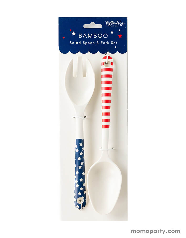 package of SSP924 - STARS AND STRIPES SALAD SPOON AND FORK REUSABLE BAMBOO SERVING-WARE by My Mind's Eye. Created from bamboo, this serving-ware is reusable, this patriotic flair stars and stripes serving spoons is perfect to use for all your summer celebration from Memorial Day to Fourth of July. Morden and high quality party supplies, party online store, party boutique online store, party supplies at momoparty.com