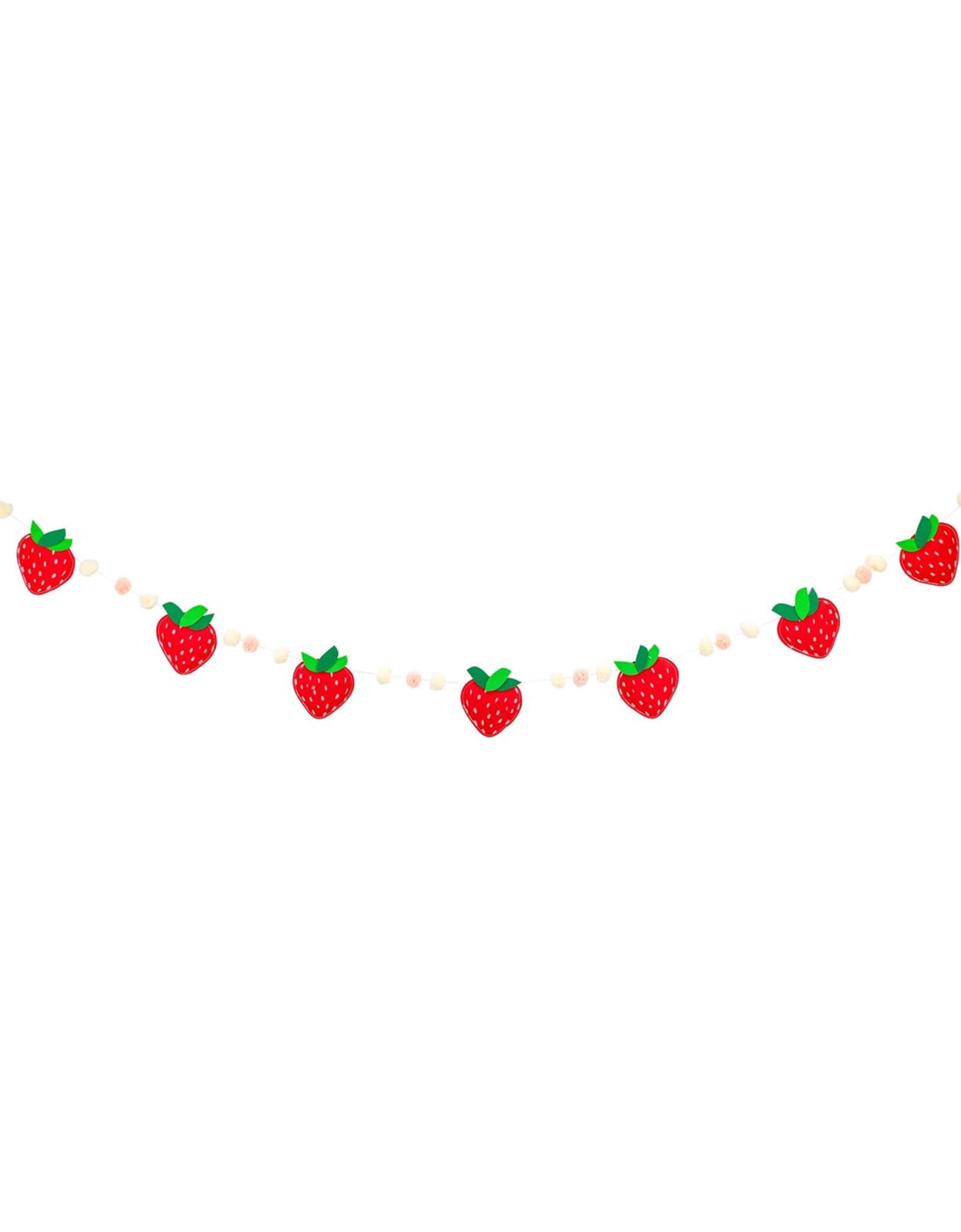Momo Party's 7ft Strawberry Felt Party Banner by My Mind's Eye. Featuring 7 puffy felt strawberries, this charming decoration brings a playful and vibrant vibe to any party setting. Perfect for birthdays, garden parties, or summer gatherings, it’s easy to hang and instantly brightens your space with delightful fruity flair.