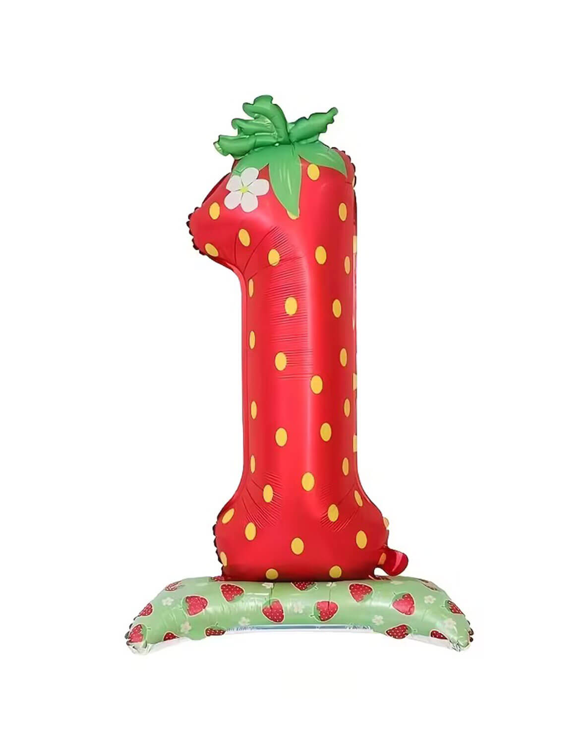 Momo Party's 42" Strawberry Number One Standing Foil Balloon with a strawberry design inflated on a white background.