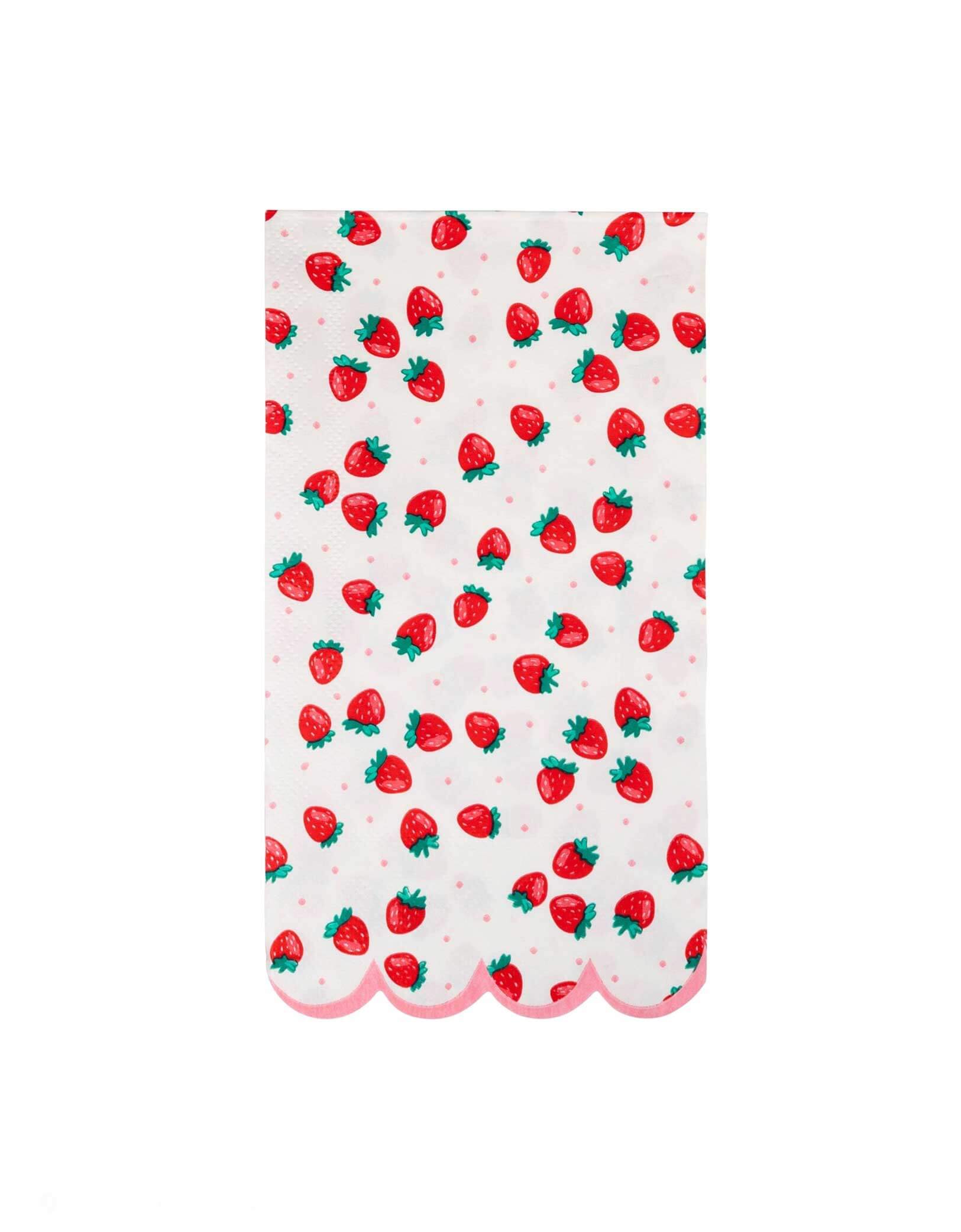 Momo Party's 4.25" x 7.75" Strawberries Dinner Napkins by My Mind's Eye on a white background. Perfect for summer parties and picnics, these napkins combine vibrant strawberry designs with practical absorbency. Brighten up your table setting while keeping mealtime neat and cheerful.