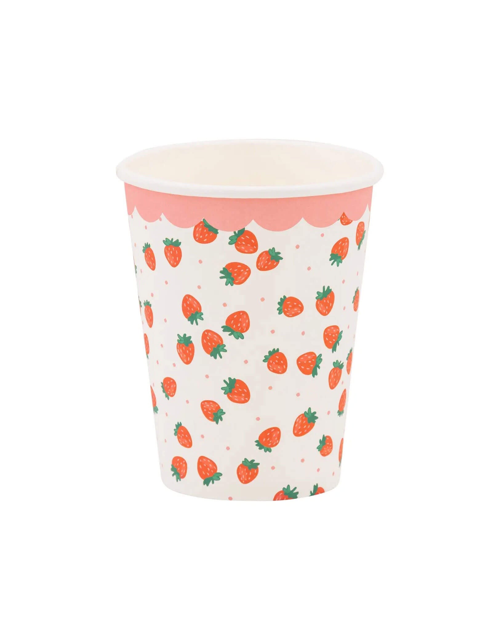 Momo Party's 12oz strawberry scattered party cup by My Mind's Eye on a white background.